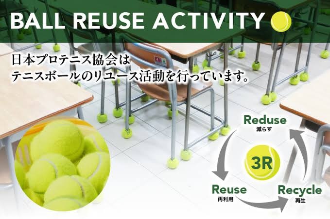 日本プロテニス協会によるテニスボール リサイクルと再利用の推進活動を示すポスター