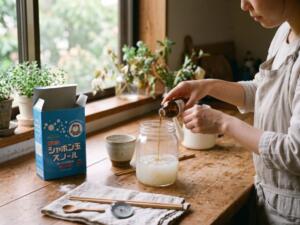 「EMプリン石けん」の作り方3：粉石けんを溶かしたガラス瓶に、女性が茶色の遮光瓶からEMW（約10〜50ml）をゆっくりと注ぎ入れ、泡立ちすぎないように静かに混ぜ合わせている様子。