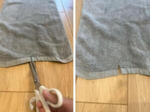 古タオル再利用のウエス作りでヘムの縫い目内側にハサミで切れ目を挿入する様子