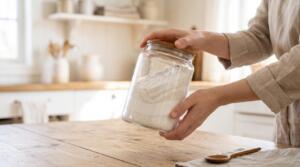 手作り洗濯洗剤の材料となる白い粉末と塩が層になって入ったガラス瓶を、両手で持っている様子。