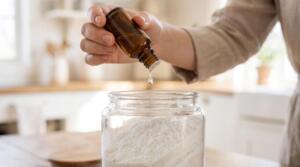 ガラス瓶に入った手作り洗濯洗剤の白い粉末に、茶色の精油瓶から一滴を垂らす様子。