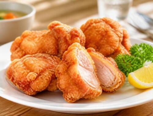 米粉の揚げ物で作るサクサクなから揚げを盛り付けたお皿