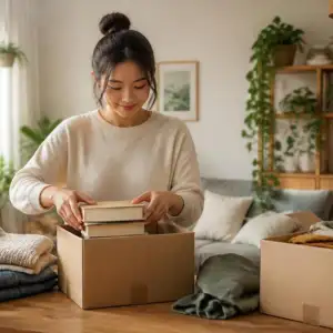 ファミマでブックオフ買取に出す本や服、雑貨などをダンボール箱に綺麗に梱包している様子