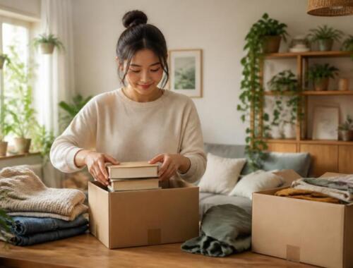 ファミマでブックオフ買取に出す本や服、雑貨などをダンボール箱に綺麗に梱包している様子