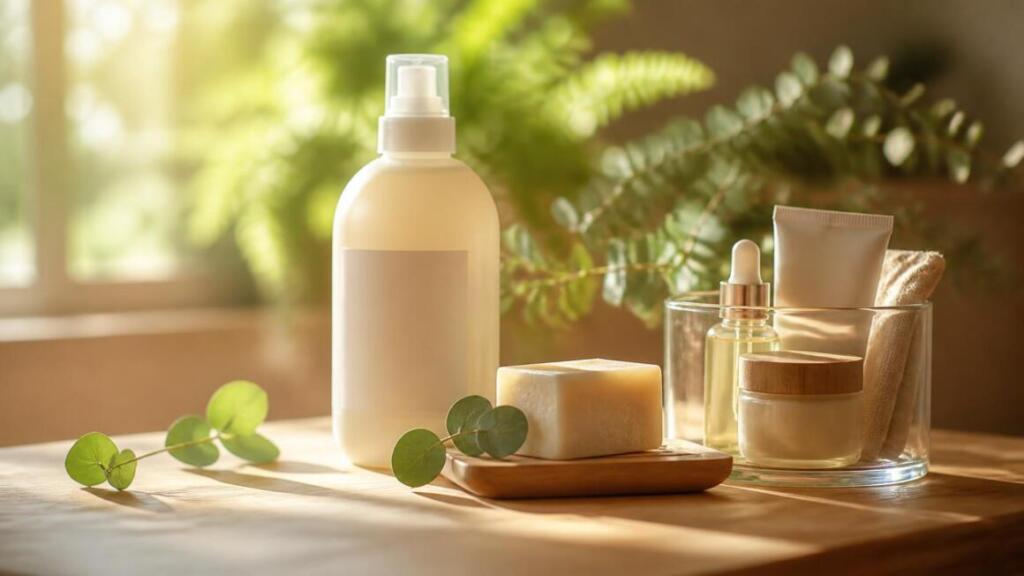 エシカル商品 おすすめなオーガニック洗剤や自然派コスメが自然光の中に並ぶ様子