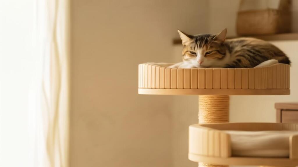 保護猫を迎えるエシカルな選択肢としてキャットタワーで安心した表情を見せる保護猫